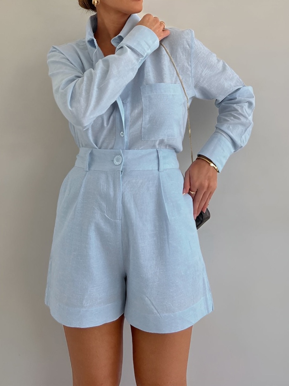 Commense Light Blue Cotton Button-Down Shirt & High Waisted Shorts SET NWT - Picture 4 of 4